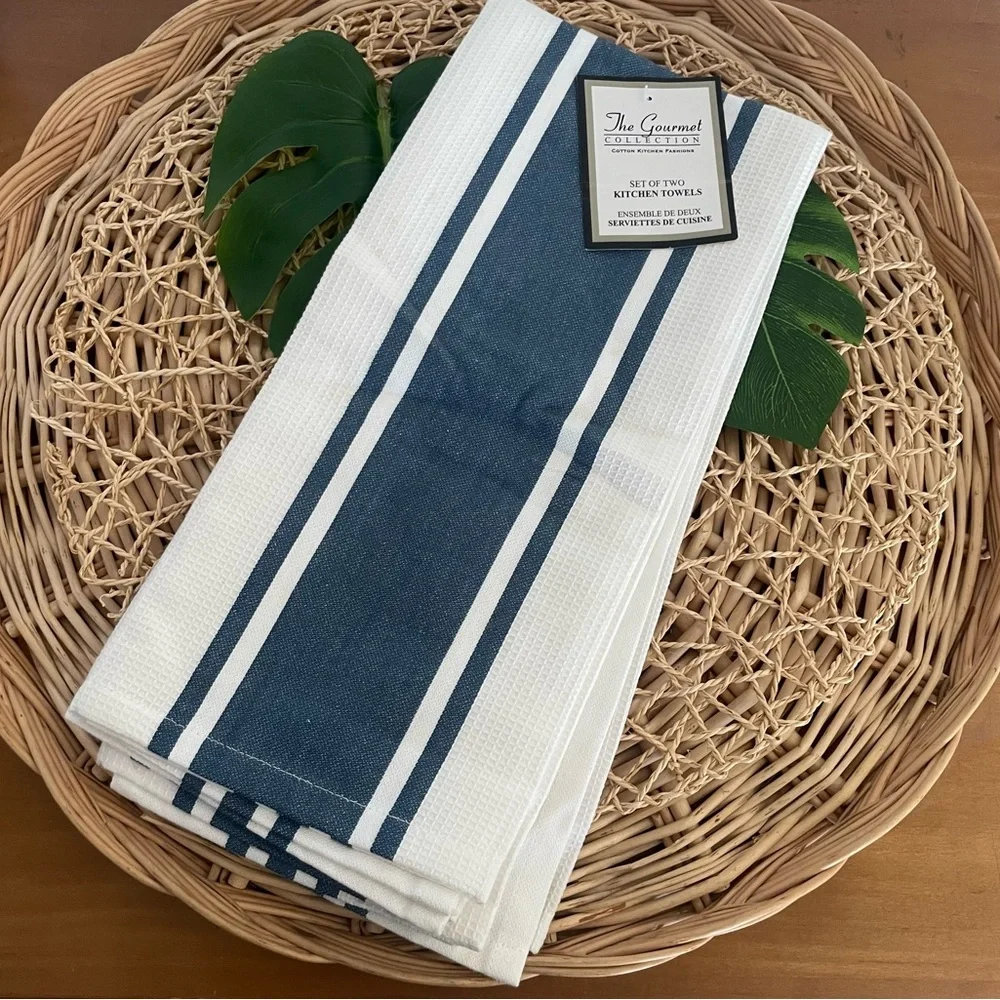 The Gourmet Collection Blue & White Striped Kitchen Towels Set of 2 NWT